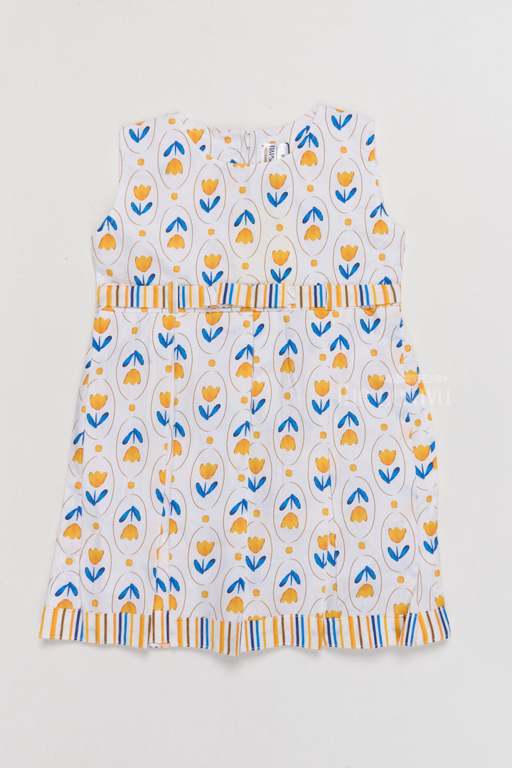 The Nesavu Baby Cotton Frocks Simple Cotton Frocks for Infants with Yellow Tulip Print and Striped Waistband Nesavu 14 (6M) / Yellow BFJ715B-14 Nesavu Simple Cotton Frocks Infants Yellow Tulip Print Breathable Fabric