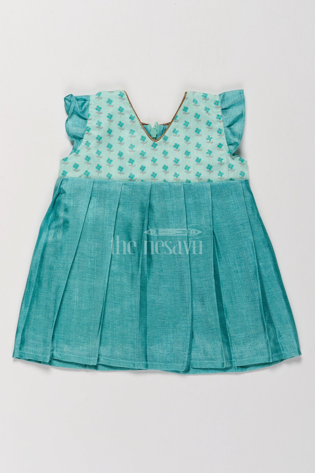 The Nesavu Girls Cotton Frock Simple Designer Frock with Elegant Cotton Base for Girls Nesavu 18 (2Y) / Teal GFC1181B-18 Elegant Simple Designer Frock Girls Floral Cotton Detailsby Nesavu