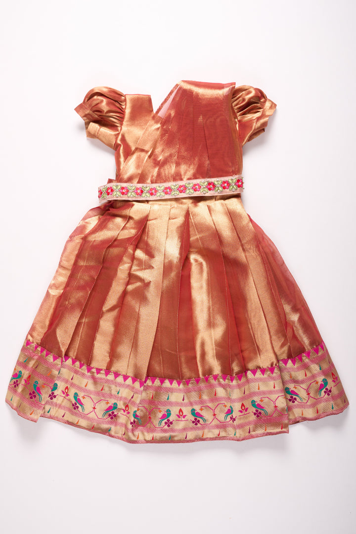 The Nesavu Girls Silk Gown Simple Party Gown for Girls in Tissue Silk with Vibrant Border Embellishment Nesavu 16 (1Y) / Gold GA277B-16 Nesavu Simple Party Gown Girls Tissue Silk Embroidered Border