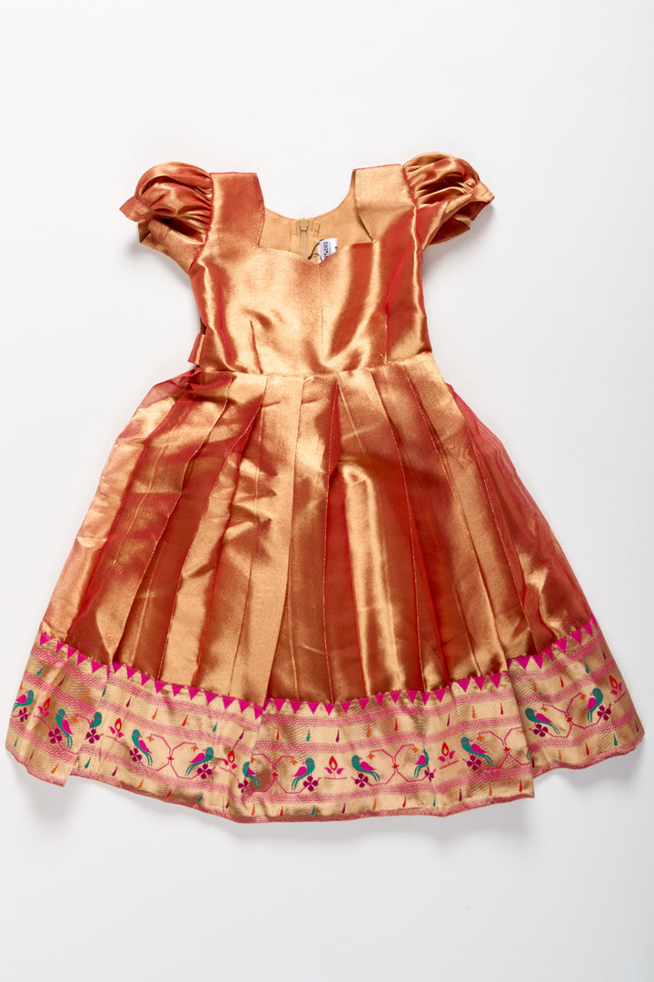 The Nesavu Girls Silk Gown Simple Party Gown for Girls in Tissue Silk with Vibrant Border Embellishment Nesavu Nesavu Simple Party Gown Girls Tissue Silk Embroidered Border