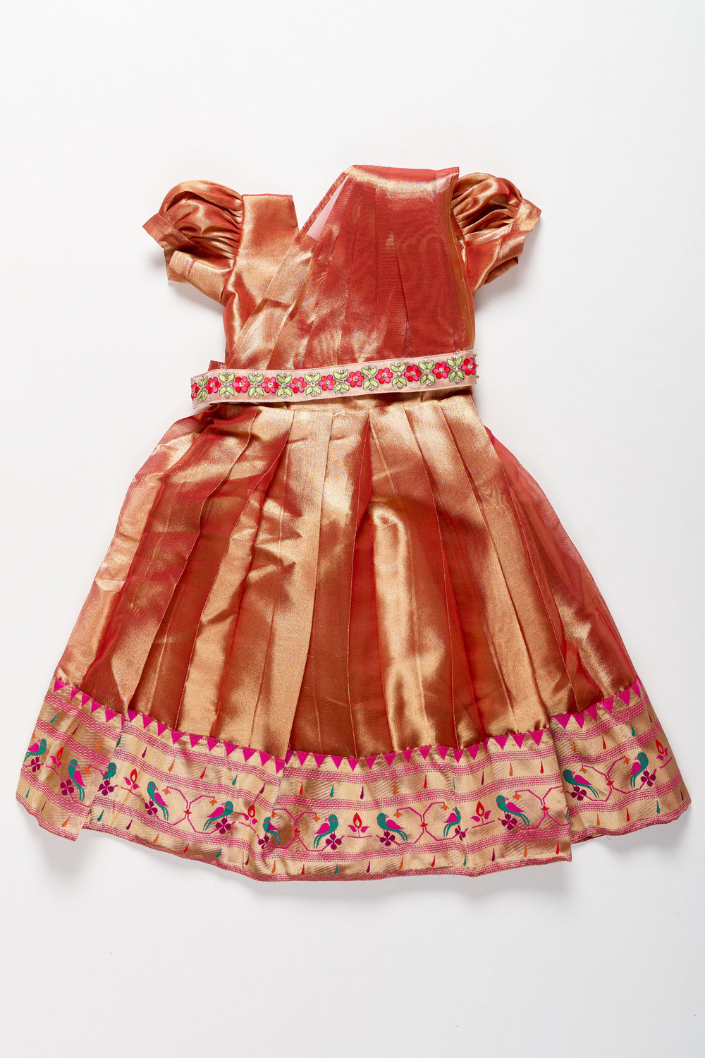 The Nesavu Girls Silk Gown Simple Party Gown for Girls in Tissue Silk with Vibrant Border Embellishment Nesavu Nesavu Simple Party Gown Girls Tissue Silk Embroidered Border