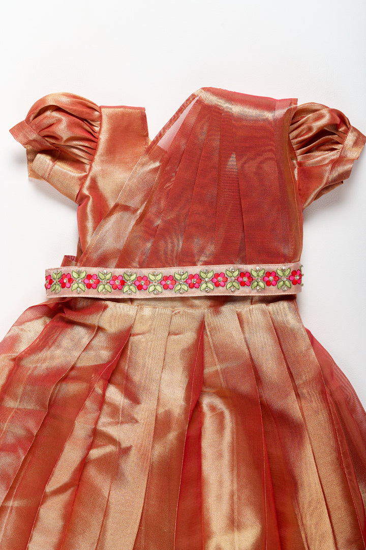 The Nesavu Girls Silk Gown Simple Party Gown for Girls in Tissue Silk with Vibrant Border Embellishment Nesavu Nesavu Simple Party Gown Girls Tissue Silk Embroidered Border