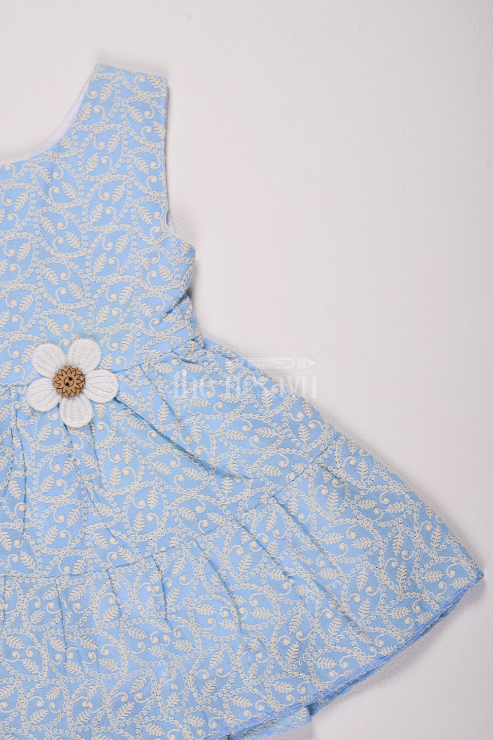 The Nesavu Baby Cotton Frocks Sky Blue Cotton Sleeveless Frock with Daisy Appliqué and Floral Print for Casual Outings Nesavu Nesavu Girls Sky Blue Cotton Floral Frock Daisy Appliqu Birthday Parties Casual Wear