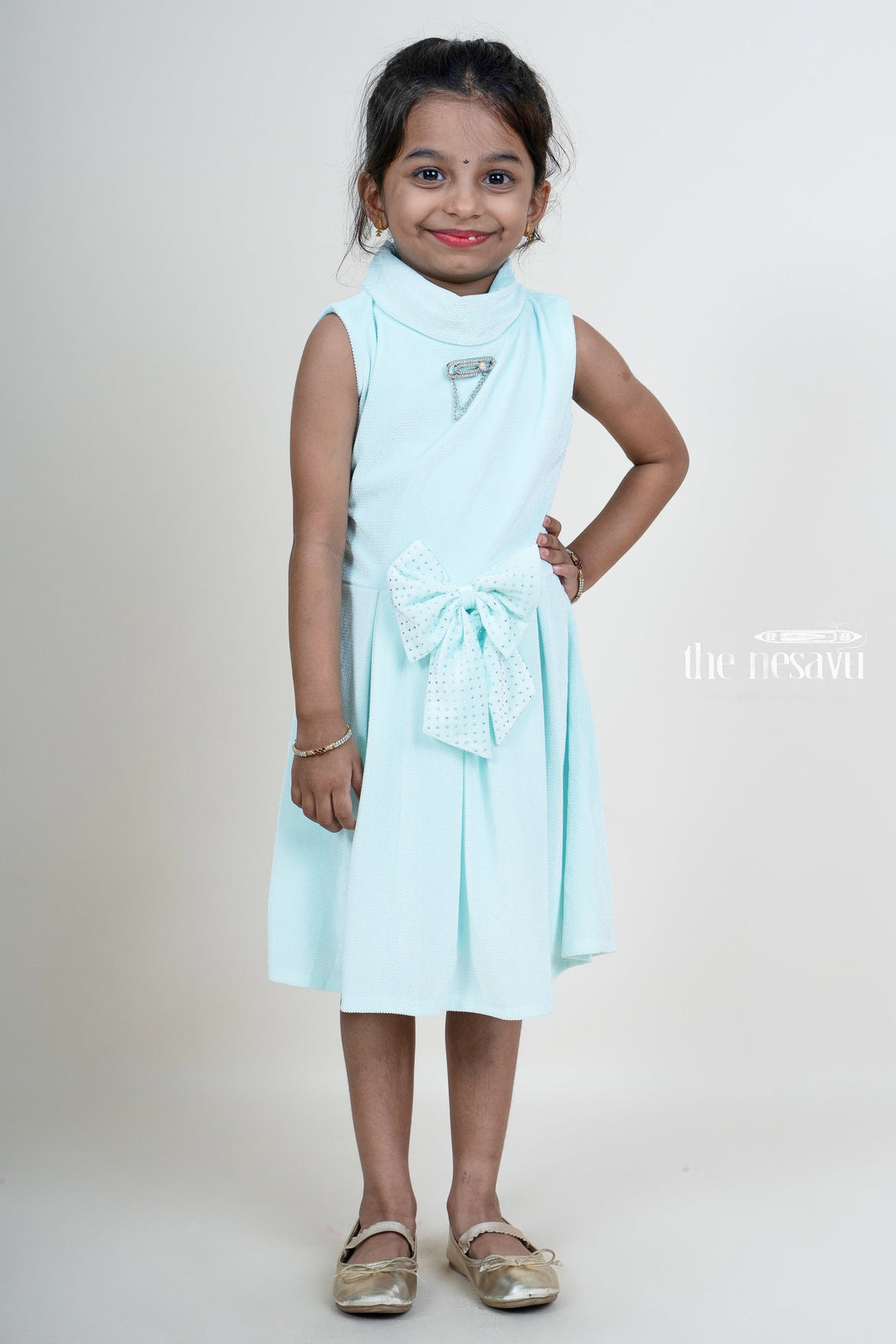 The Nesavu Baby Fancy Frock Skyblue Velvet Designer Bow Embellished Party Wear Dresses For Girls Nesavu 14 (6M) / Turquoise / Velvet BFJ324C-14 Stylish Hi-Neck Party Wear Ideas | Daily wear Casuals For Kid Girls | The Nesavu