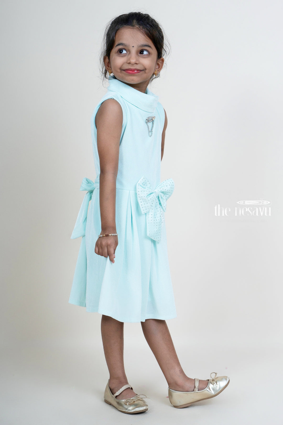 The Nesavu Baby Fancy Frock Skyblue Velvet Designer Bow Embellished Party Wear Dresses For Girls Nesavu Stylish Hi-Neck Party Wear Ideas | Daily wear Casuals For Kid Girls | The Nesavu