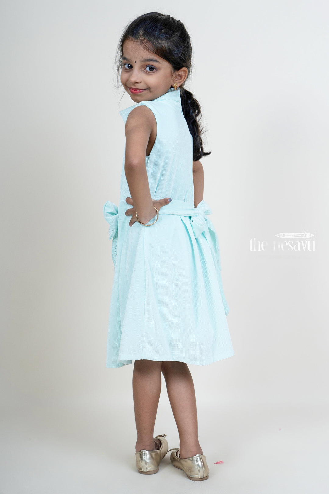 The Nesavu Baby Fancy Frock Skyblue Velvet Designer Bow Embellished Party Wear Dresses For Girls Nesavu Stylish Hi-Neck Party Wear Ideas | Daily wear Casuals For Kid Girls | The Nesavu