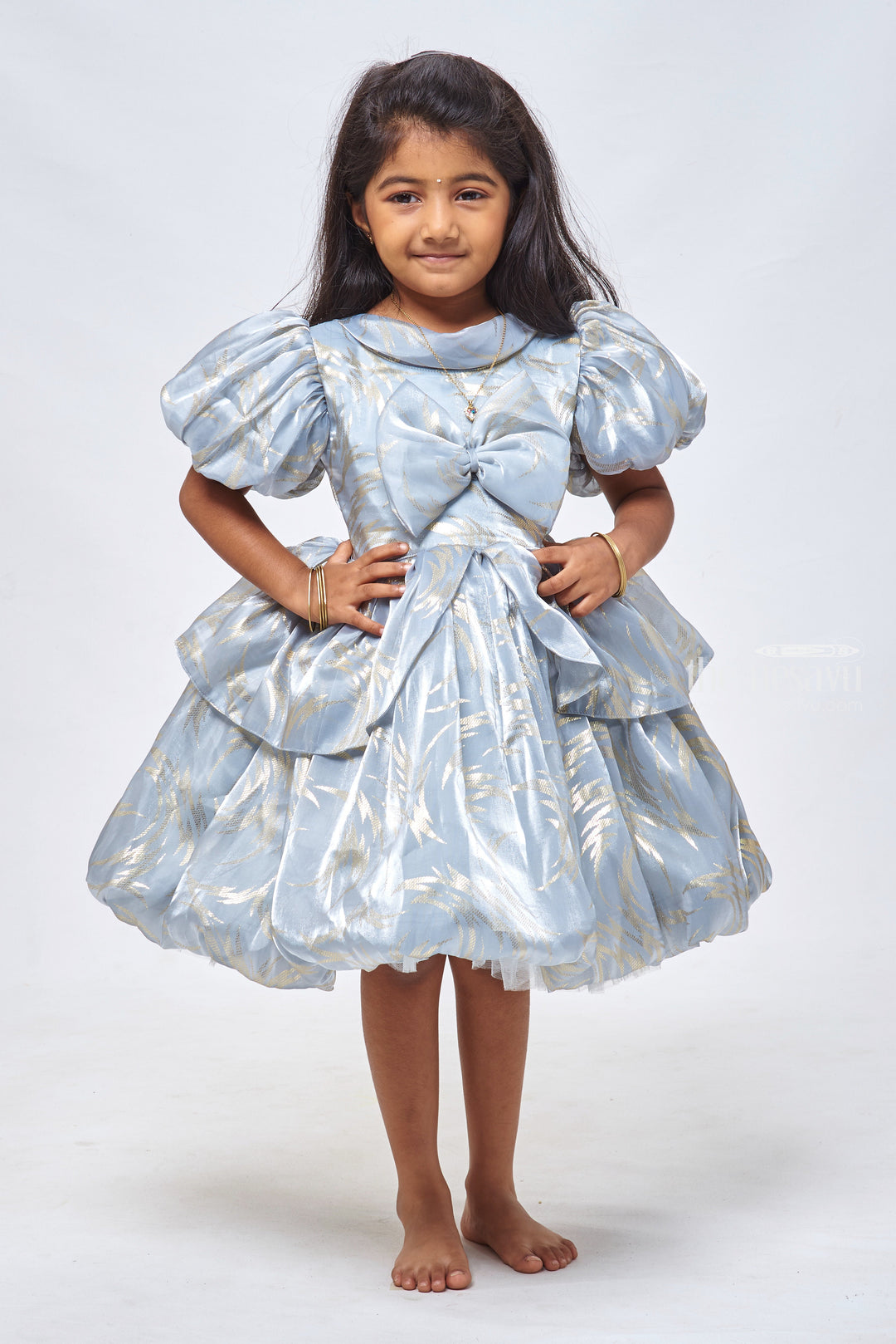 The Nesavu Girls Fancy Party Frock Slate Sophistication: Foil Printed Organza Party Dress with Bow Embellishment for Girls Nesavu 12 (3M) / Gray / Organza PF140A-12 Enchanting First Birthday Dresses: Shop Designer Baby Girl Frocks | The Nesavu