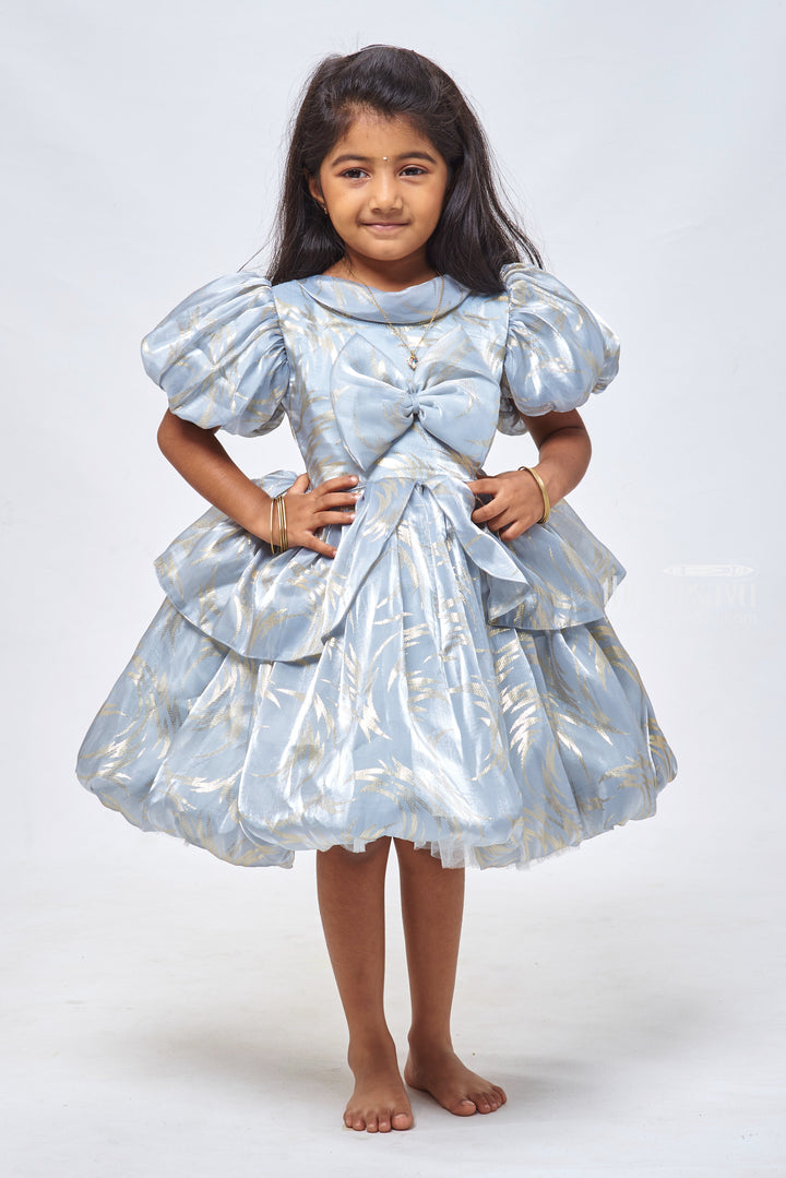 The Nesavu Girls Fancy Party Frock Slate Sophistication: Foil Printed Organza Party Dress with Bow Embellishment for Girls Nesavu 12 (3M) / Gray / Organza PF140A-12 Enchanting First Birthday Dresses: Shop Designer Baby Girl Frocks | The Nesavu