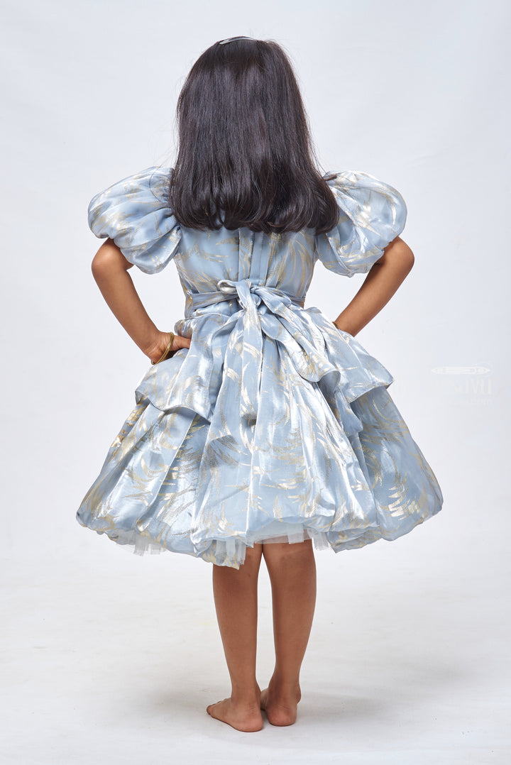 The Nesavu Girls Fancy Party Frock Slate Sophistication: Foil Printed Organza Party Dress with Bow Embellishment for Girls Nesavu Enchanting First Birthday Dresses: Shop Designer Baby Girl Frocks | The Nesavu