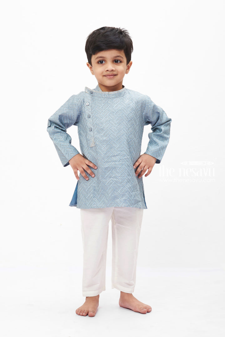 The Nesavu Boys Kurtha Set Sleek Grey Geometric Kurta Set with White Pants for Boys Nesavu Boys' Grey Geometric Kurta and White Pants Set | Traditional and Modern Outfit | The Nesavu