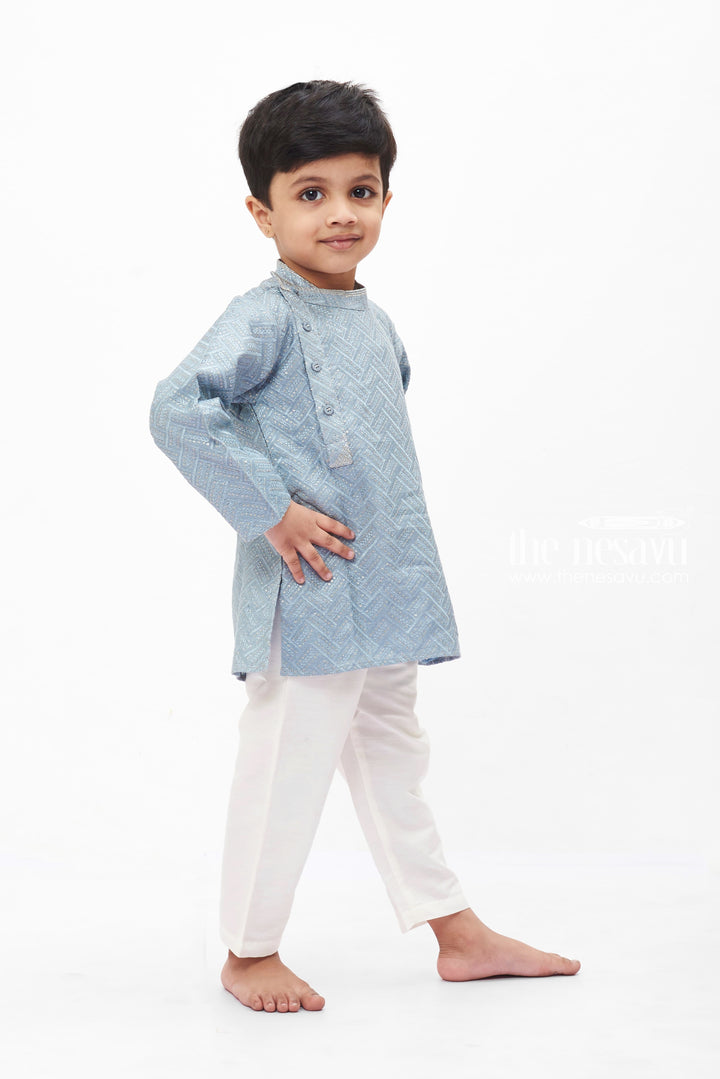 The Nesavu Boys Kurtha Set Sleek Grey Geometric Kurta Set with White Pants for Boys Nesavu Boys' Grey Geometric Kurta and White Pants Set | Traditional and Modern Outfit | The Nesavu