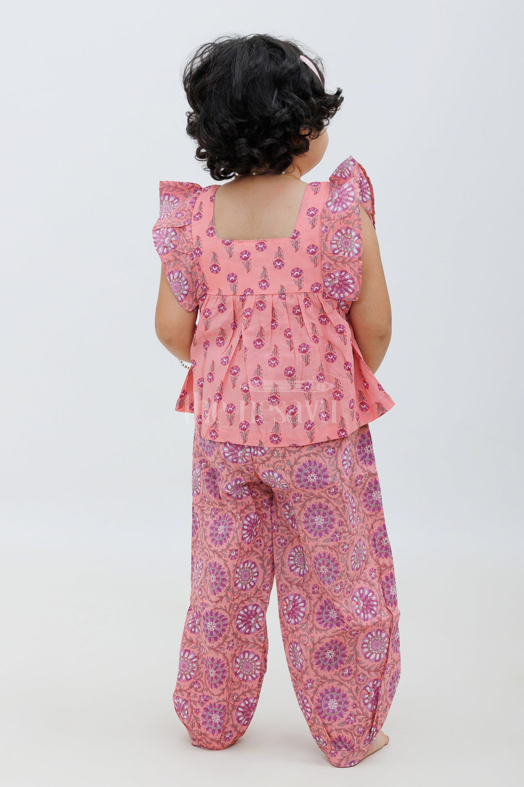 The Nesavu Girls Sharara / Plazo Set Sleeveless Jaipur Cotton Print Top and Haram Pant Set - Coral and Purple Nesavu Sleeveless Jaipur Cotton Print Top and Haram Pant Set - Coral and Purple for Girls