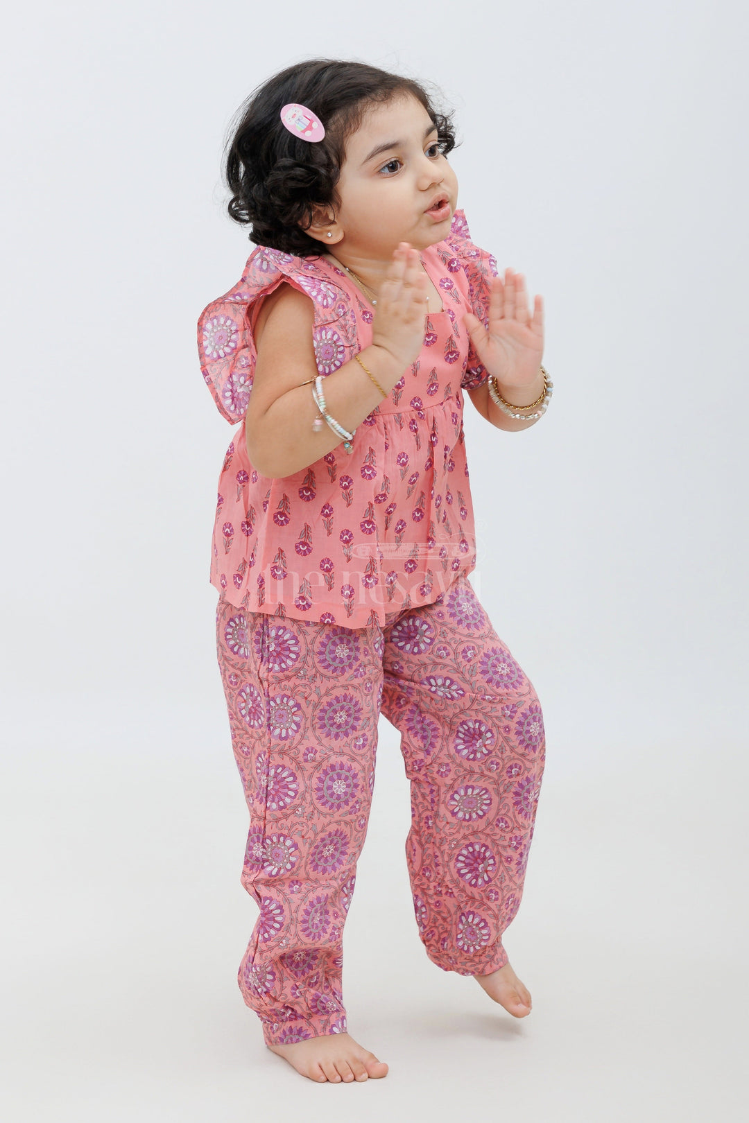 The Nesavu Girls Sharara / Plazo Set Sleeveless Jaipur Cotton Print Top and Haram Pant Set - Coral and Purple Nesavu Sleeveless Jaipur Cotton Print Top and Haram Pant Set - Coral and Purple for Girls