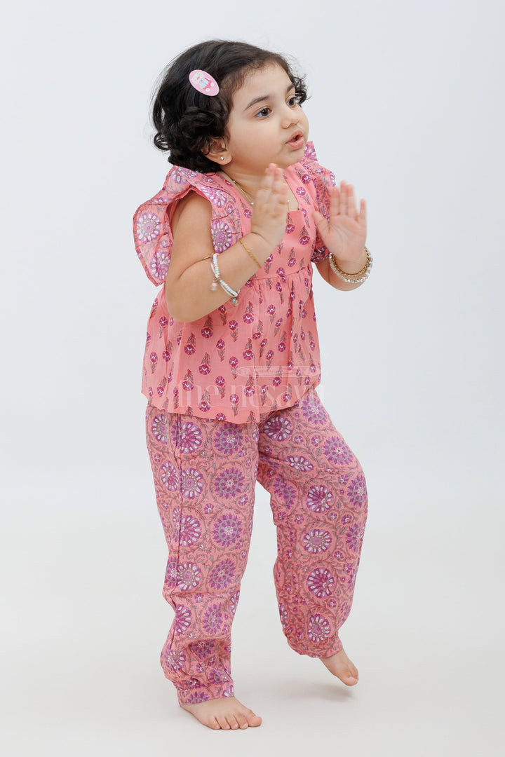 The Nesavu Girls Sharara / Plazo Set Sleeveless Jaipur Cotton Print Top and Haram Pant Set - Coral and Purple Nesavu Sleeveless Jaipur Cotton Print Top and Haram Pant Set - Coral and Purple for Girls