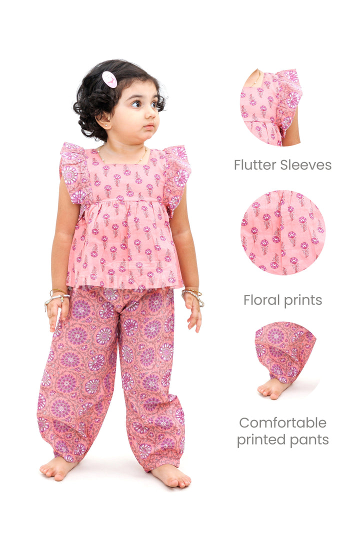 The Nesavu Girls Sharara / Plazo Set Sleeveless Jaipur Cotton Print Top and Haram Pant Set - Coral and Purple Nesavu Sleeveless Jaipur Cotton Print Top and Haram Pant Set - Coral and Purple for Girls