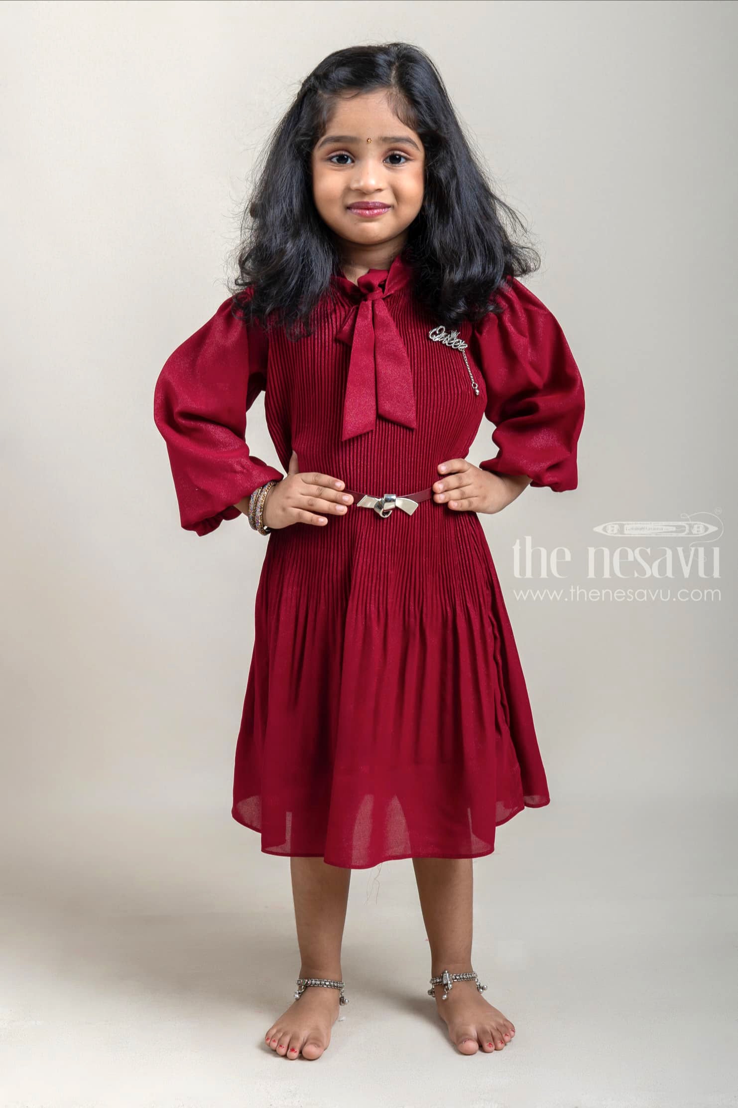 Small Pleated Maroon Frock with Balloon Sleeves for Baby Girls The Nesavu The Nesavu