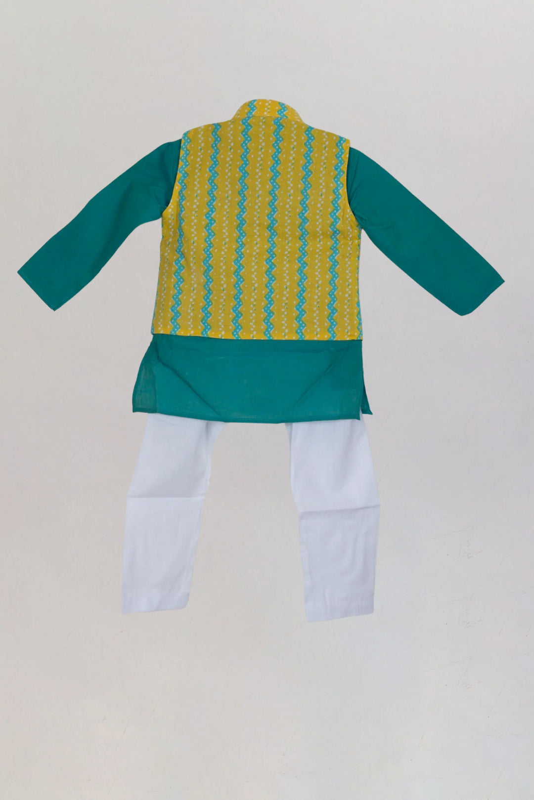 The Nesavu Ethnic Sets Smart Looks With Green Kurta And Overcoat With White Pants For Little Boys psr silks Nesavu