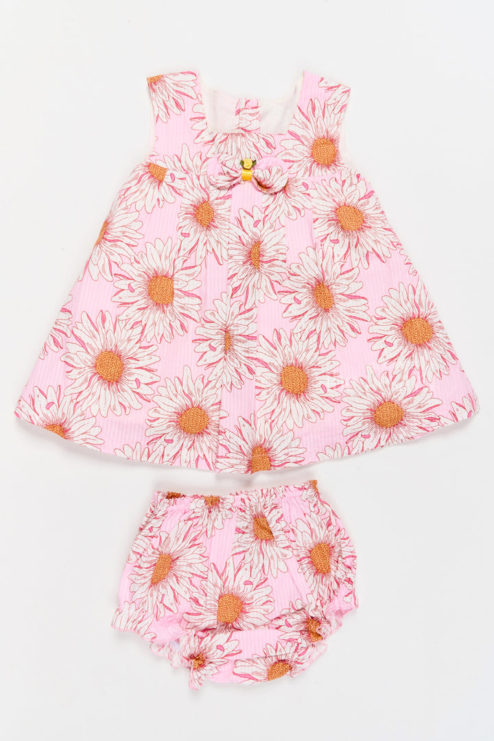 The Nesavu Baby Casual Sets Soft Baby Dress for Girls with Pink Daisy Print and Bow Accent Nesavu 12 (3M) / Pink BFJ712A-12 Soft Baby Dress Girls Pink Daisy Print Bow  Nesavu Baby Casual Sets