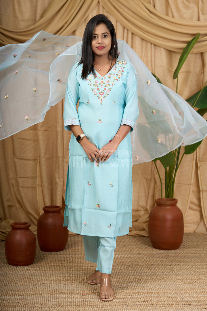 The Nesavu Womens Flared Kurthas Soft Blue Viscose Muslin Silk Straight Suit Set with Delicate Floral Embroidery for Women Nesavu Nesavu Soft Blue Viscose Muslin Silk Straight Suit Set Delicate Floral Embroidery Women