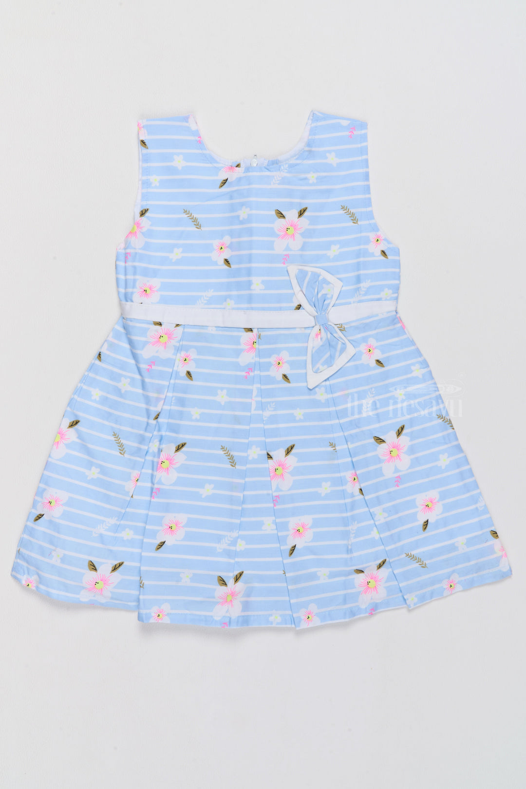 The Nesavu Baby Cotton Frocks Soft Cotton Dress for Baby Girls with Blue Stripes and Floral Details Nesavu 14 (6M) / Blue BFJ699A-14 Nesavu Soft Cotton Dress Baby Girls Blue Stripes Floral Bow Design