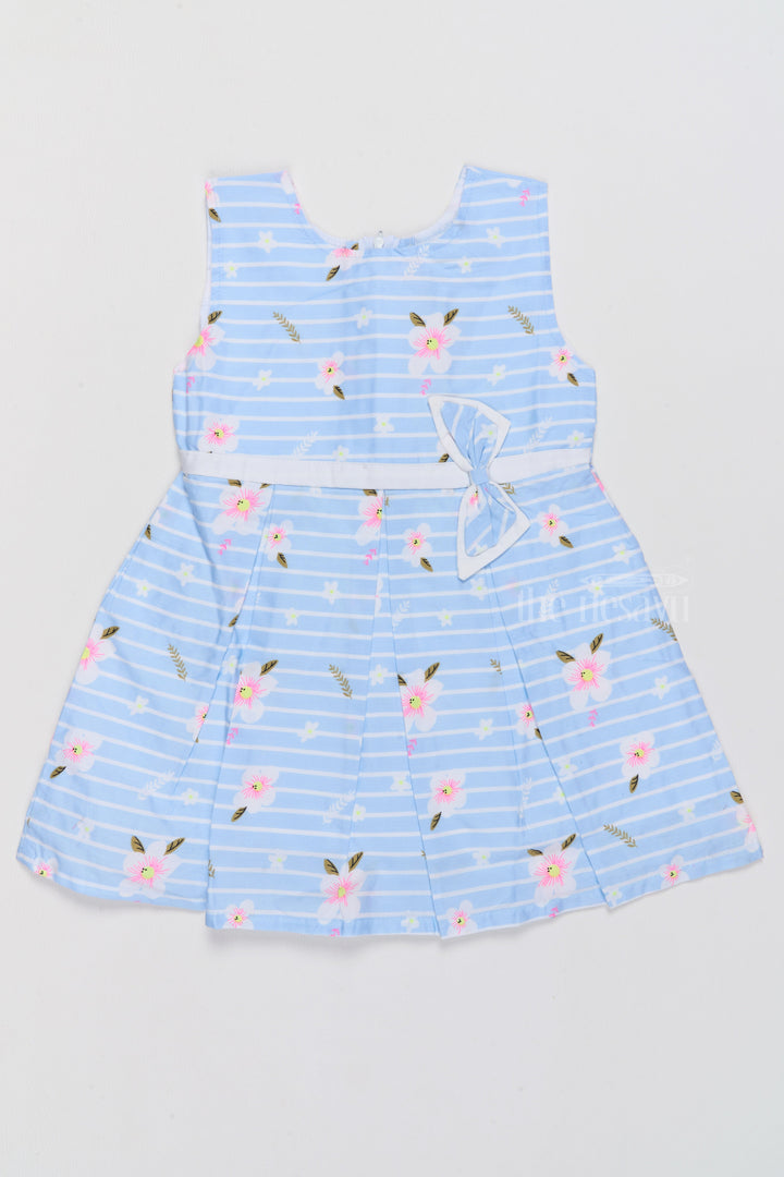 The Nesavu Baby Cotton Frocks Soft Cotton Dress for Baby Girls with Blue Stripes and Floral Details Nesavu 14 (6M) / Blue BFJ699A-14 Nesavu Soft Cotton Dress Baby Girls Blue Stripes Floral Bow Design