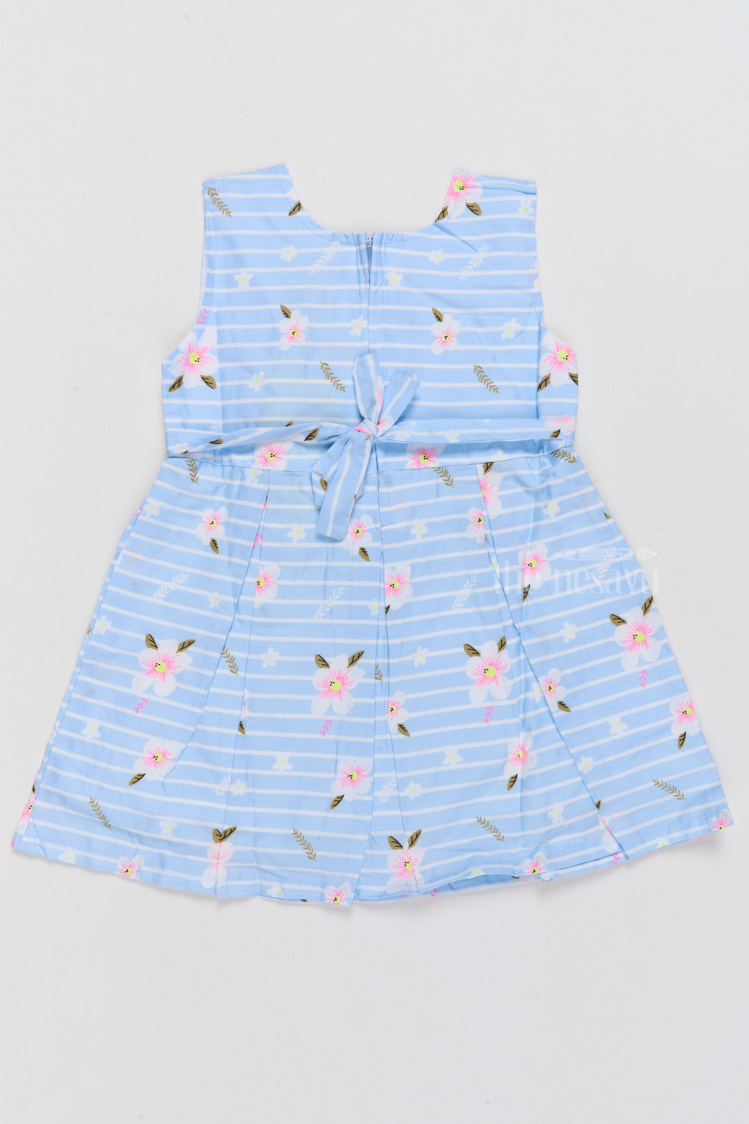 The Nesavu Baby Cotton Frocks Soft Cotton Dress for Baby Girls with Blue Stripes and Floral Details Nesavu Nesavu Soft Cotton Dress Baby Girls Blue Stripes Floral Bow Design