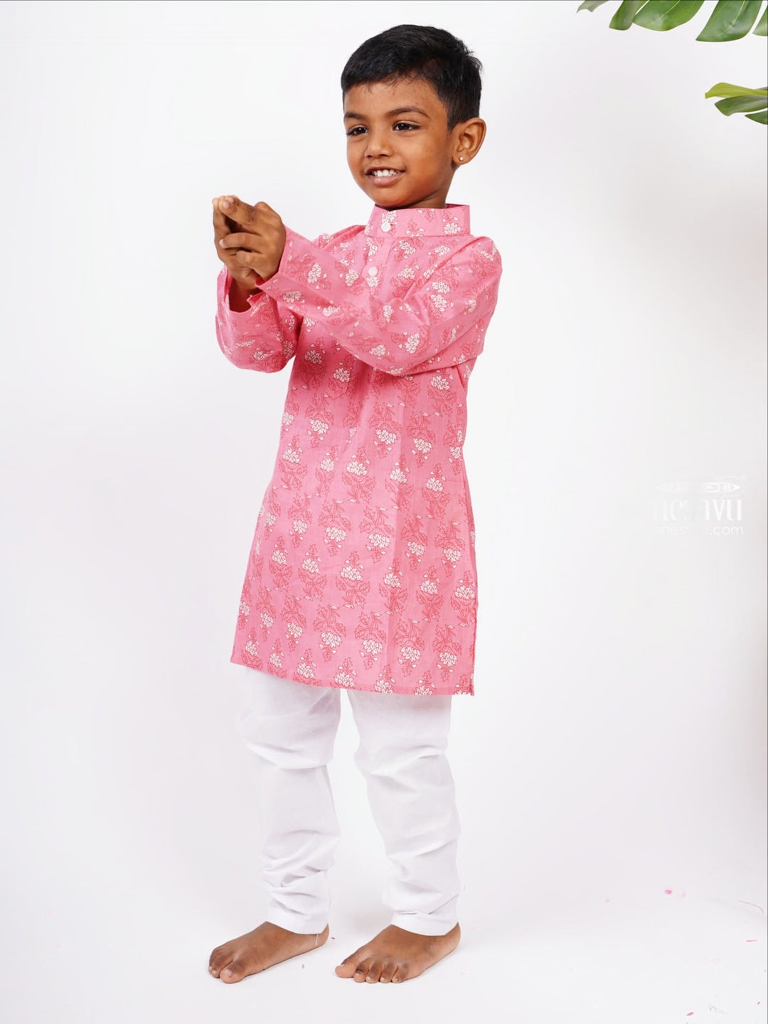 The Nesavu Boys Kurtha Set Soft Cotton Floral Print Kurta with White Pant for Boys Nesavu 16 (1Y) / Pink BES65-16 Buy Latest Cotton Collection | Boys Kurta Design Ideas | The Nesavu