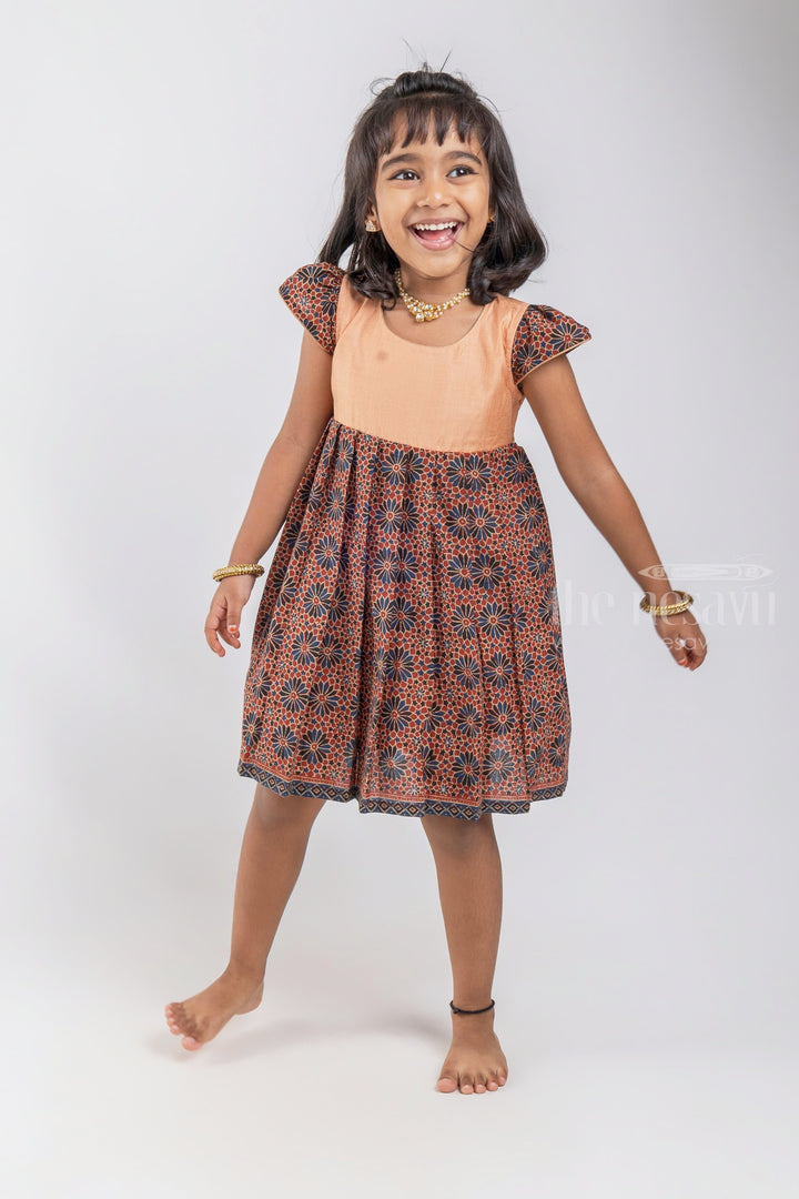 The Nesavu Girls Cotton Frock Soft Cotton Printed Brown Cotton Gown For Baby Girls With Contrasting Yoke With Floral printed Sleeves Nesavu 12 (3M) / Brown / Cotton GFC857-12 Cotton Ki Frocks For Baby Girls | Latest Cotton Designer Wear | The Nesavu