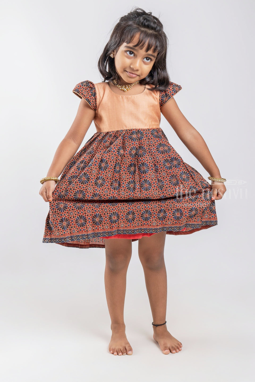 The Nesavu Girls Cotton Frock Soft Cotton Printed Brown Cotton Gown For Baby Girls With Contrasting Yoke With Floral printed Sleeves Nesavu Cotton Ki Frocks For Baby Girls | Latest Cotton Designer Wear | The Nesavu