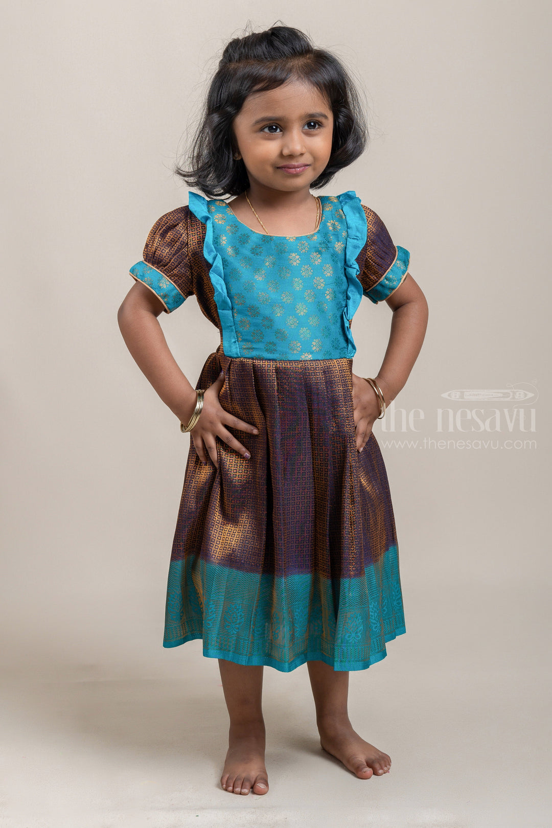 The Nesavu Girls Kanchi Silk Frock Soft Silk Banarasi Brocade Silk / Pattu Frock For little Girls for First Birthday Nesavu 14 (6M) / Brown / Big Border SF612A Floral design Silk Frock | New Silk frock Colletion | The Nesavu