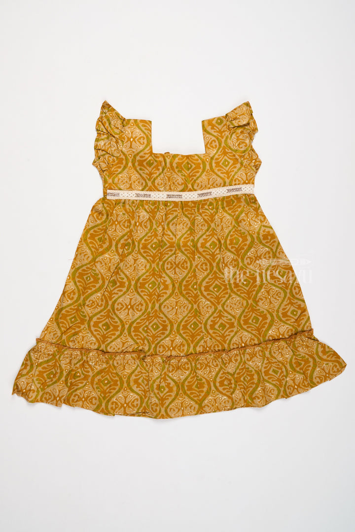 The Nesavu Girls Cotton Frock Solid Cotton Dress for Girls in Mustard with Ruffle and Lace Details Nesavu Nesavu Solid Cotton Dress Girls Lace Waistband Ruffle Hem Mustard