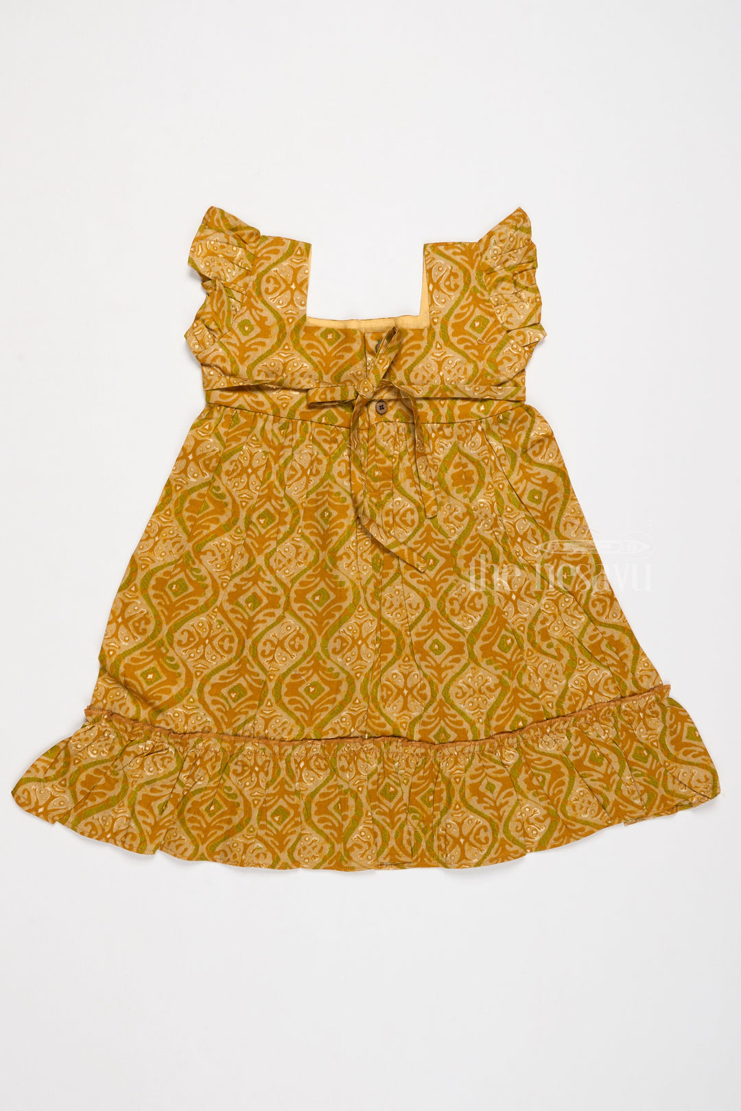 The Nesavu Girls Cotton Frock Solid Cotton Dress for Girls in Mustard with Ruffle and Lace Details Nesavu Nesavu Solid Cotton Dress Girls Lace Waistband Ruffle Hem Mustard