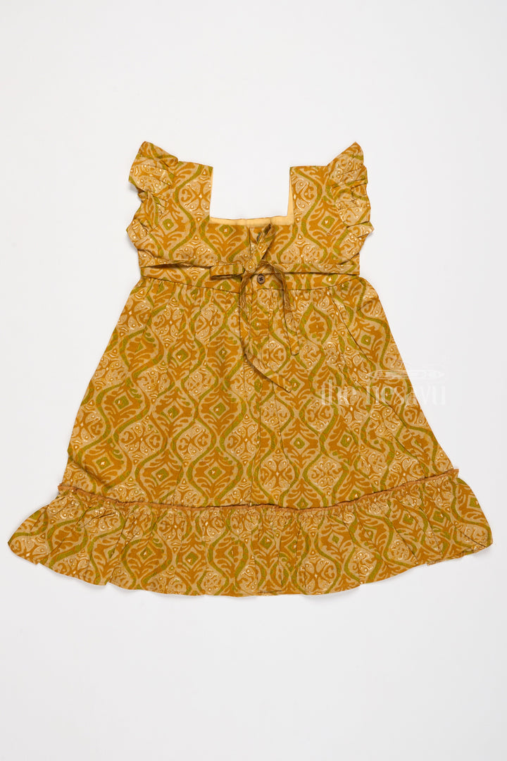 The Nesavu Girls Cotton Frock Solid Cotton Dress for Girls in Mustard with Ruffle and Lace Details Nesavu Nesavu Solid Cotton Dress Girls Lace Waistband Ruffle Hem Mustard