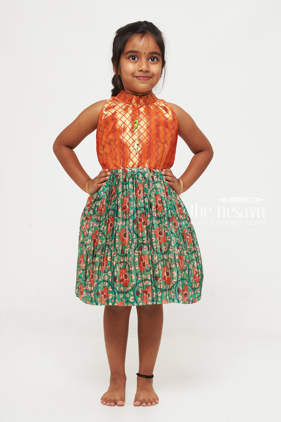 The Nesavu Silk Frock Sophisticated Diamond-Pattern Silk Frock for Girls with Floral Skirt Detail Nesavu Coral Diamond Pattern Silk Dress for Girls | Elegant Children's Silk Dresses | The Nesavu