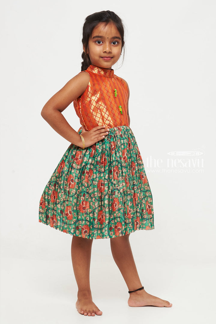 The Nesavu Silk Frock Sophisticated Diamond-Pattern Silk Frock for Girls with Floral Skirt Detail Nesavu Coral Diamond Pattern Silk Dress for Girls | Elegant Children's Silk Dresses | The Nesavu