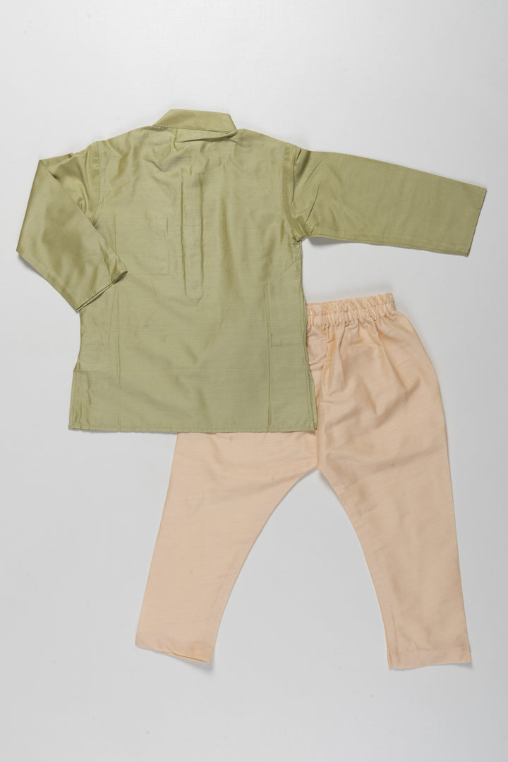 The Nesavu Boys Kurtha Set Sophisticated Green Embroidered Kurta with Beige Pant Set for Boys Nesavu Boys Green Kurta with Beige Pant Set | Embroidered Traditional Wear | The Nesavu