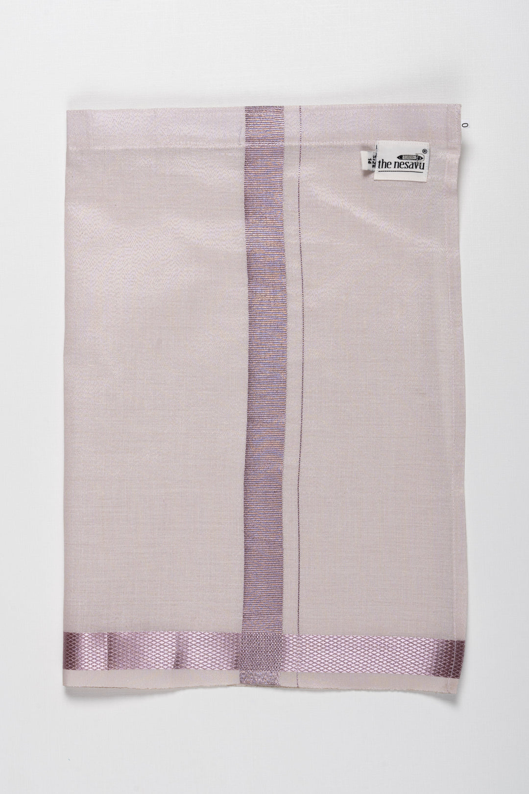 The Nesavu Boys Vesti Sophisticated Silver Boys Dhoti with Lavender Accent Stripes Nesavu Elegant Silver and Lavender Boys Dhoti | Stylish Festive Wear for Young Gentlemen | The Nesavu