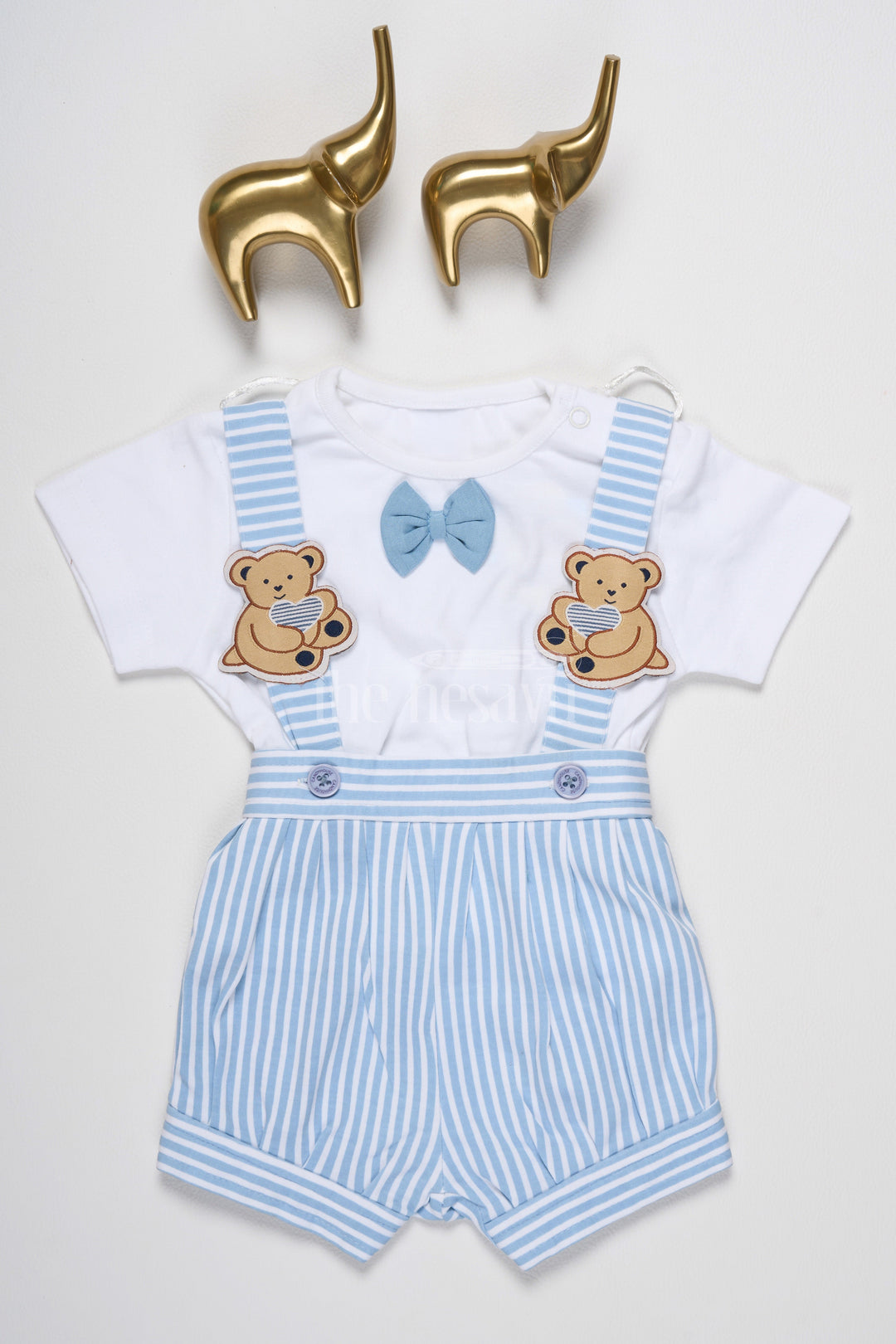 The Nesavu Baby Rompers/Onesies Striped Bear Bow Tie Baby Boy Romper Set Nesavu 10 (NB) / Blue BCS048A-10 Striped Bear Bow Tie Baby Boy Romper Set - Adorable & Charming