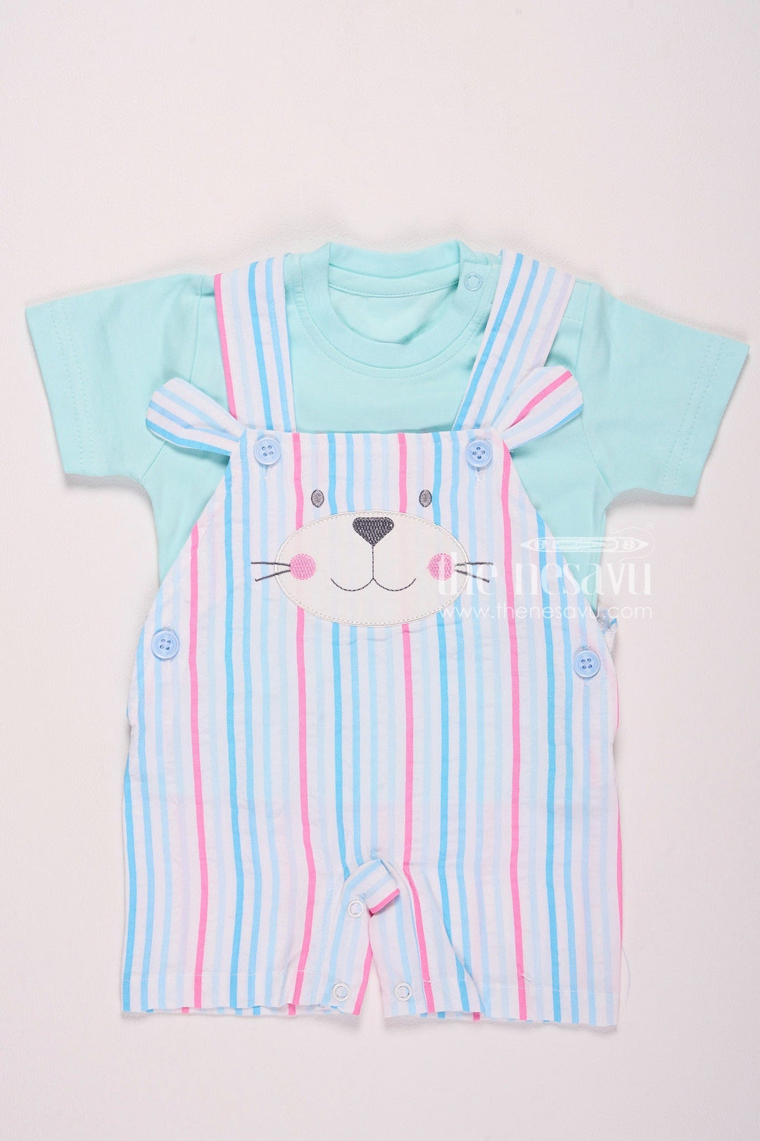 The Nesavu Baby Rompers/Onesies Striped Bunny Baby Boy Romper Set Aqua Nesavu 10 (NB) / Blue BCS052B-10 Striped Bunny Baby Boy Romper Set - Aqua - Cute & Comfortable