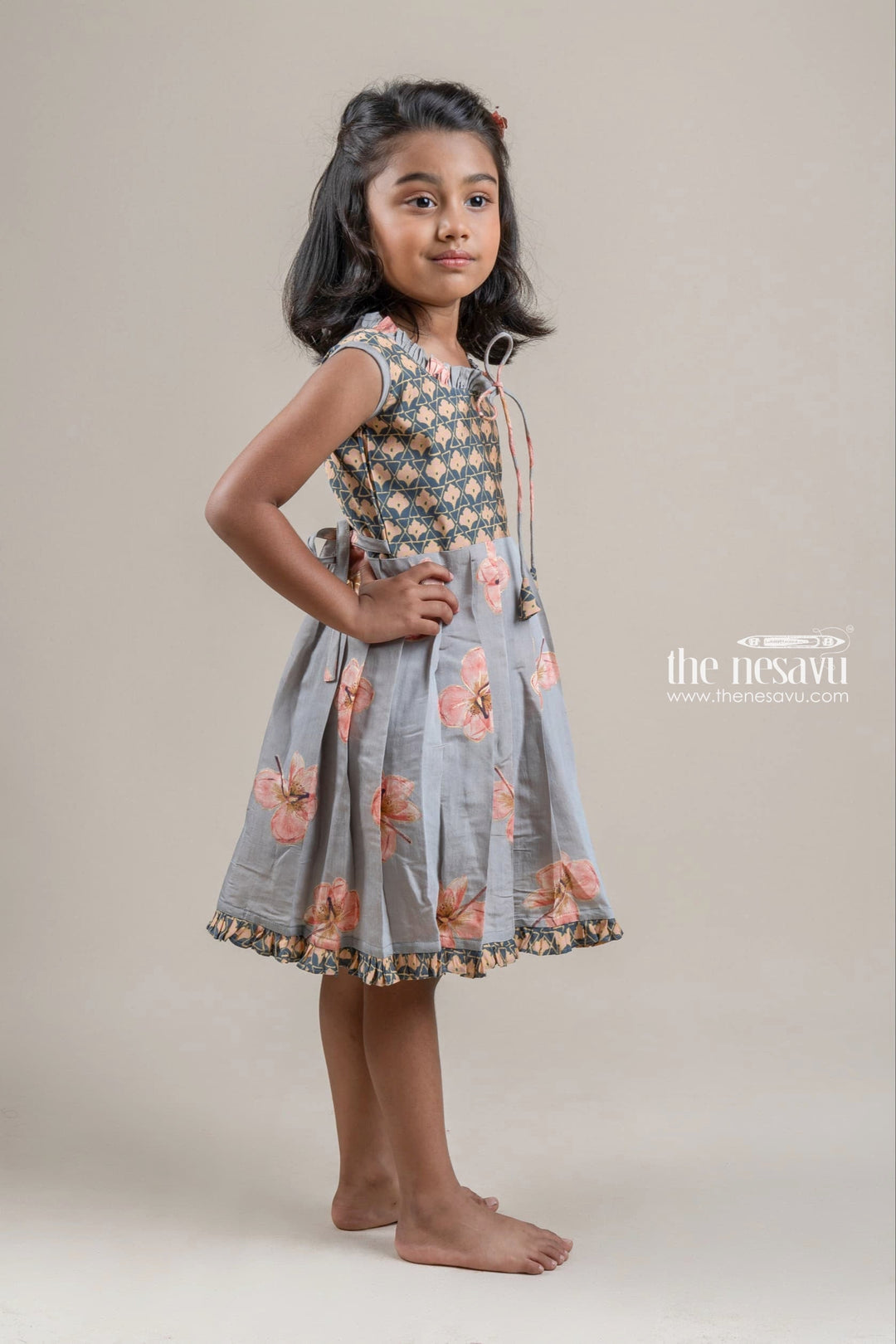 The Nesavu Girls Fancy Frock Stunning Gray Chanderi Floral Printed Cotton Frock with Tiny Ruffle Hem Nesavu Adorable Cotton Frocks for Girls | Cotton Frocks | The Nesavu