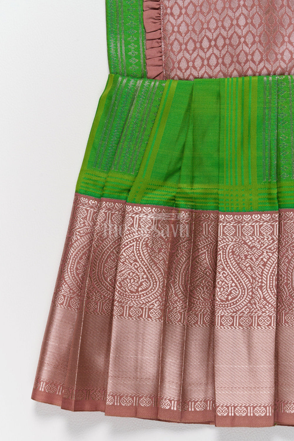 The Nesavu Girls Kanchi Silk Frock Stunning Green and Bronze Traditional Pattu Long Frock for Girls in Blend Silk Nesavu Nesavus Green Bronze Traditional Pattu Long Frock Girls Blend Silk