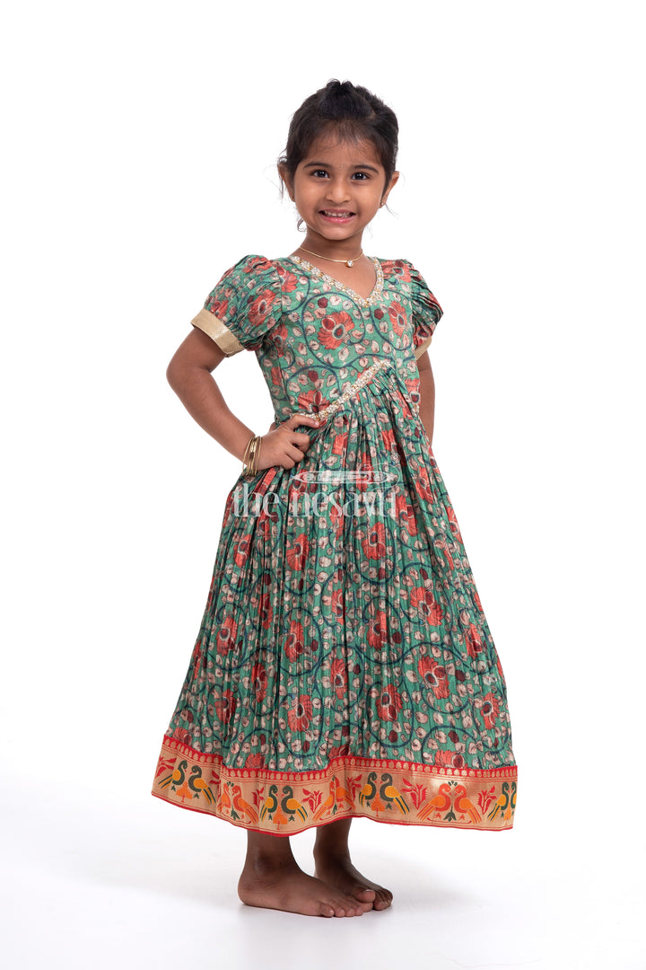 The Nesavu Girls Silk Gown Stunning Green Kalamkari Chinon Party Gown for Girls Nesavu Stunning Green Kalamkari Chinon Party Gown for Girls - Elegant & Festive