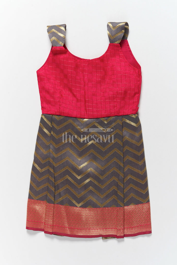 The Nesavu Silk Frock Stunning Red and Gold Jacquard Dress Frock for Girls with Chevron Pleats Nesavu 18 (2Y) / Red / Style 2 SF948B-18 Red Gold Chevron Jacquard Dress Frock Girls Nesavu