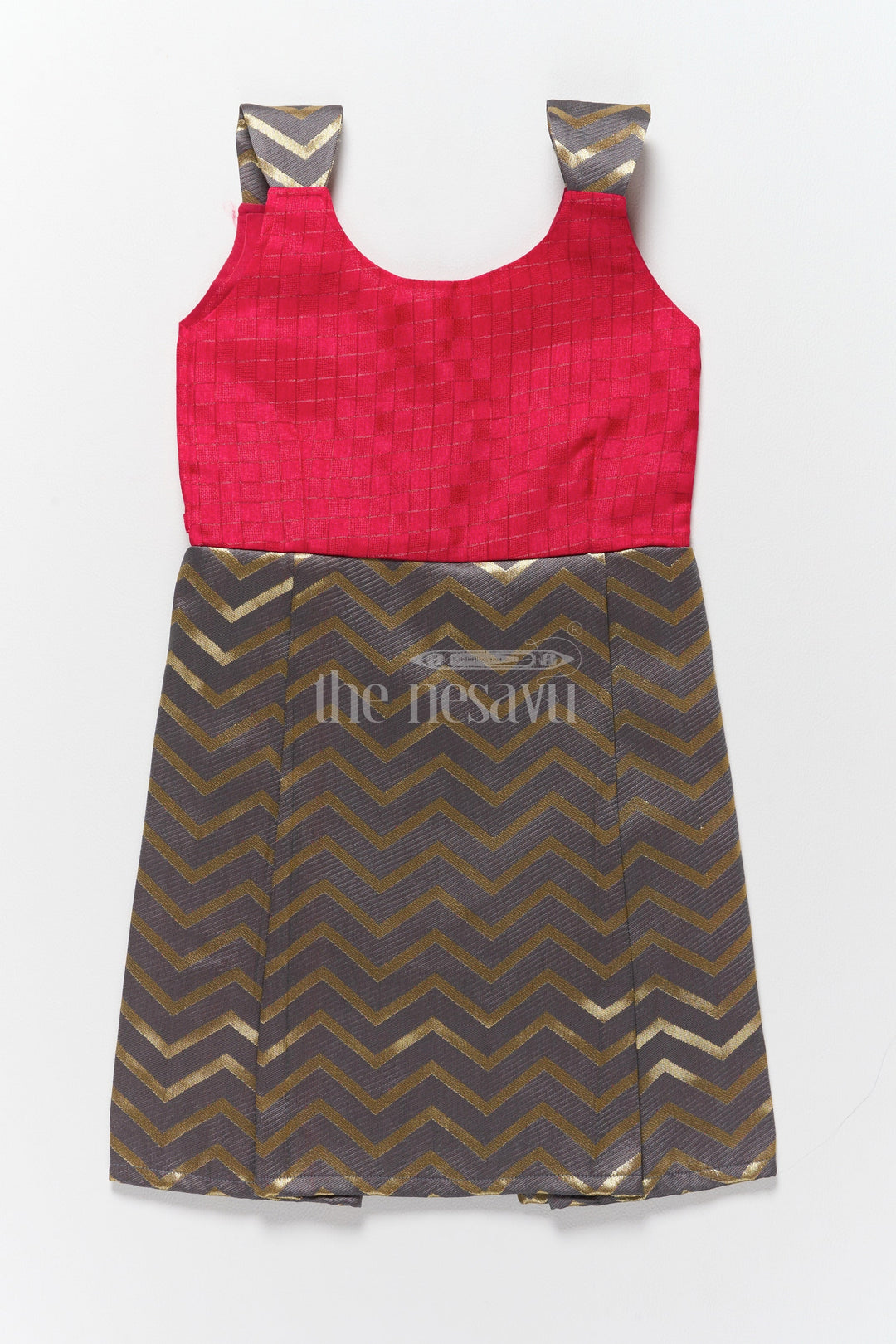 The Nesavu Silk Frock Stunning Red and Gold Jacquard Dress Frock for Girls with Chevron Pleats Nesavu 20 (3Y) / Red / Style 3 SF948C-20 Red Gold Chevron Jacquard Dress Frock Girls Nesavu