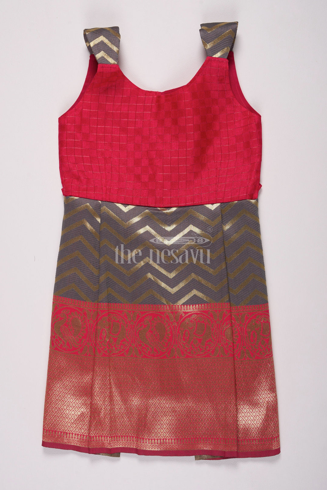 The Nesavu Silk Frock Stunning Red and Gold Jacquard Dress Frock for Girls with Chevron Pleats Nesavu 22 (4Y) / Red / Style 1 SF948A-22 Red Gold Chevron Jacquard Dress Frock Girls Nesavu