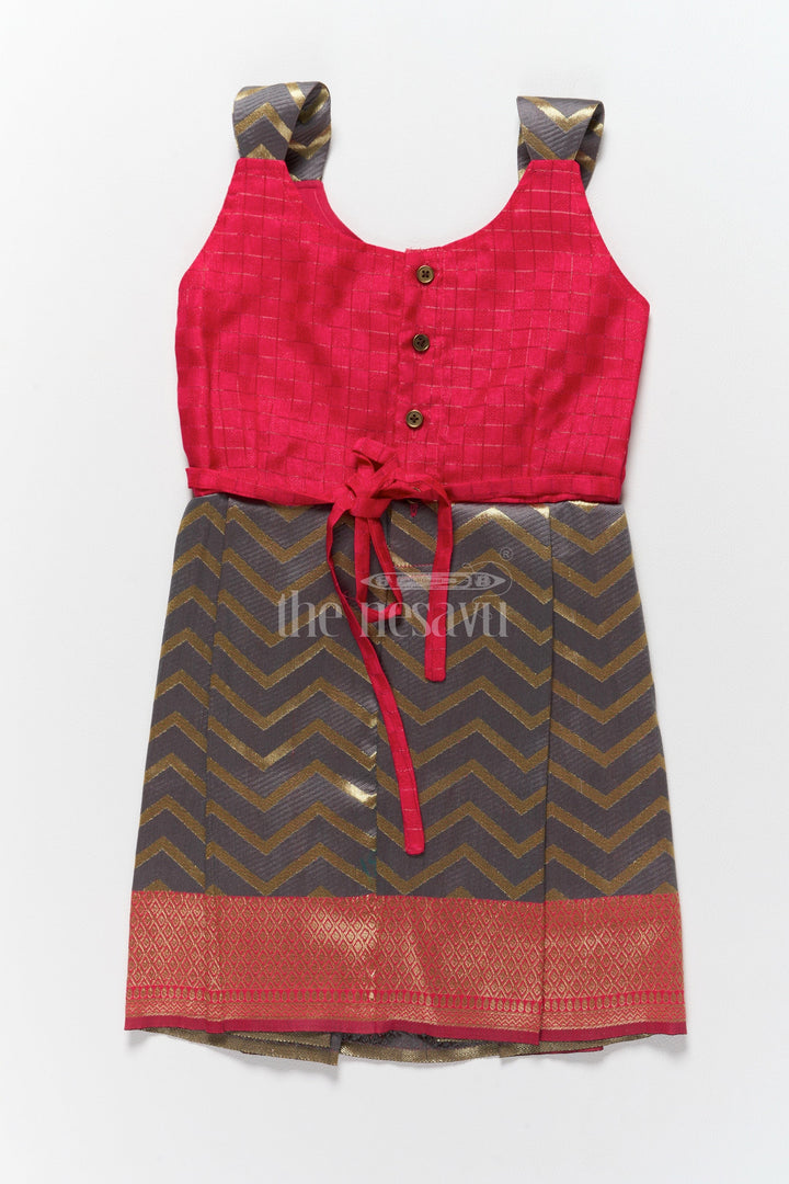 The Nesavu Silk Frock Stunning Red and Gold Jacquard Dress Frock for Girls with Chevron Pleats Nesavu Red Gold Chevron Jacquard Dress Frock Girls Nesavu