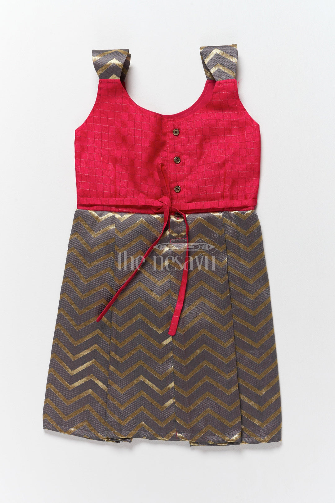 The Nesavu Silk Frock Stunning Red and Gold Jacquard Dress Frock for Girls with Chevron Pleats Nesavu Red Gold Chevron Jacquard Dress Frock Girls Nesavu