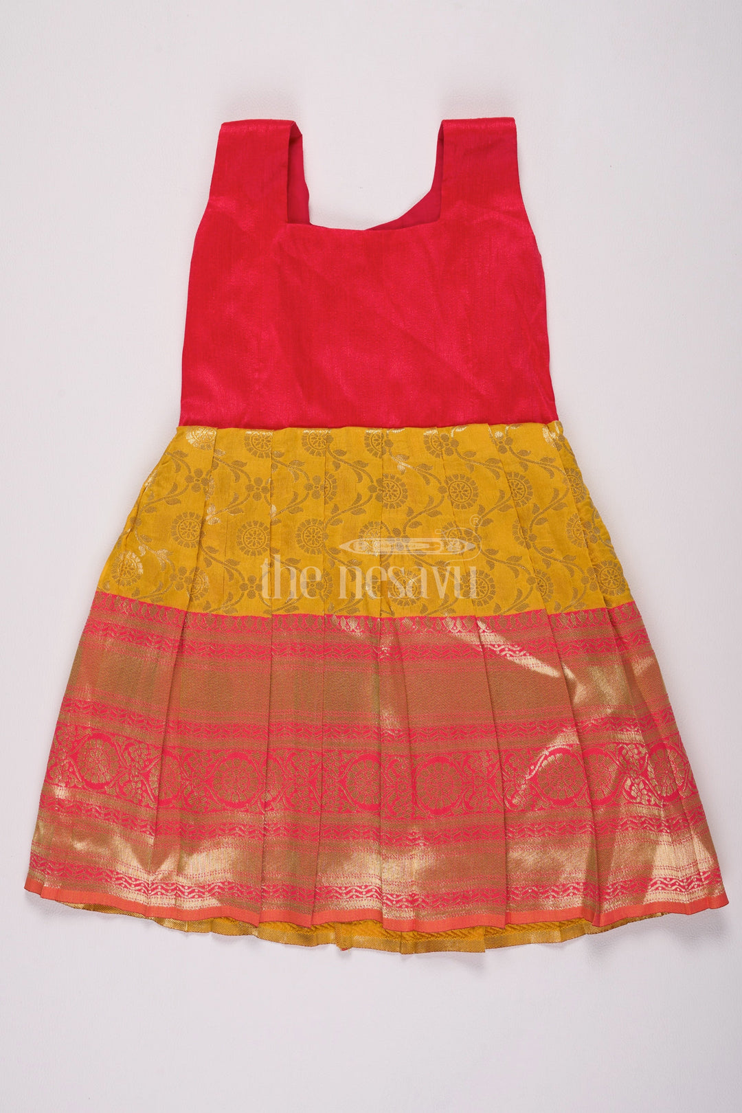 The Nesavu Silk Frock Stunning Red and Yellow Frock Fancy for Girls with Jacquard Silk Patterns Nesavu 22 (4Y) / Red / Style 1 SF953A-22 Nesavus Red Yellow Frock Fancy Jacquard Silk Girls