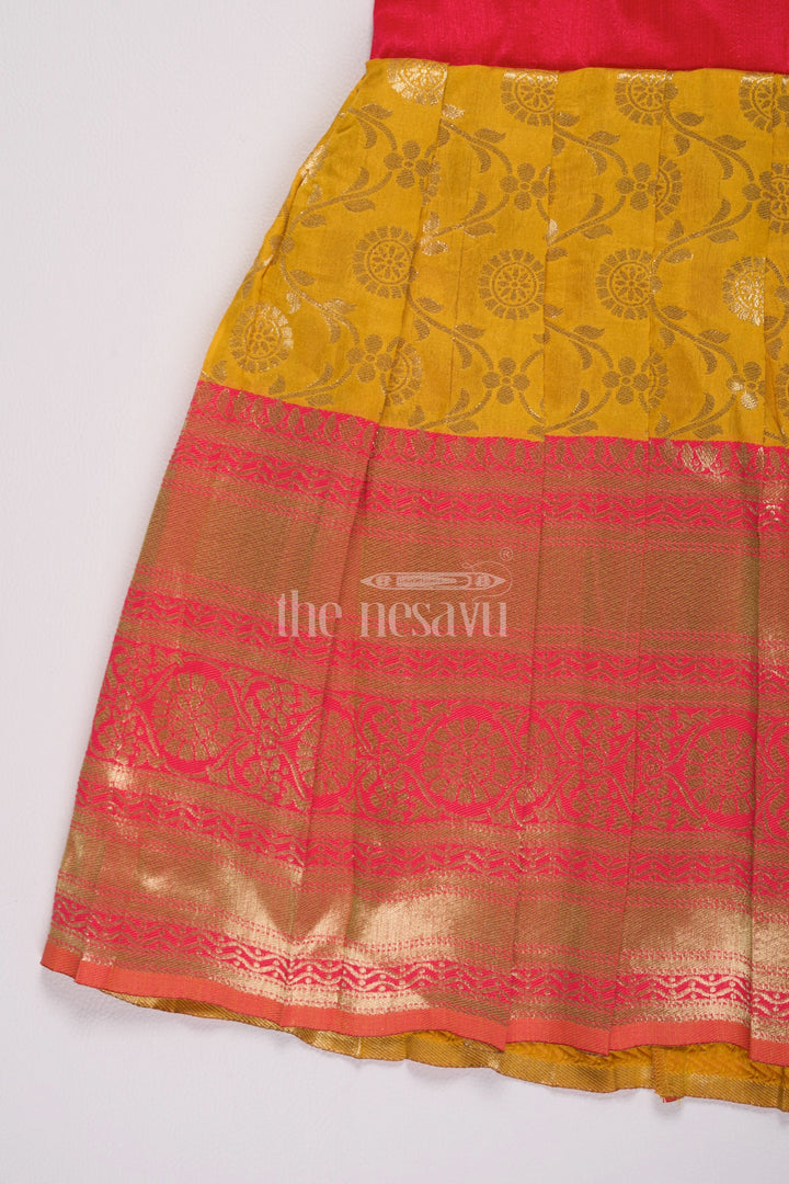 The Nesavu Silk Frock Stunning Red and Yellow Frock Fancy for Girls with Jacquard Silk Patterns Nesavu Nesavus Red Yellow Frock Fancy Jacquard Silk Girls