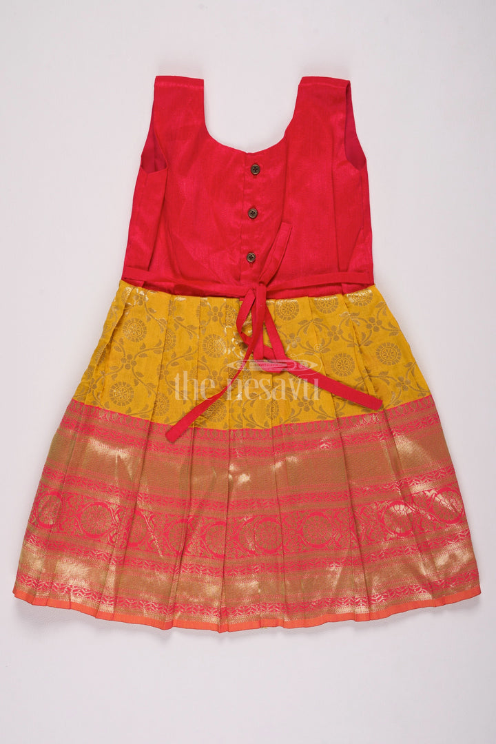 The Nesavu Silk Frock Stunning Red and Yellow Frock Fancy for Girls with Jacquard Silk Patterns Nesavu Nesavus Red Yellow Frock Fancy Jacquard Silk Girls